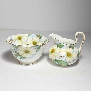 Tuscan Sugar Bowl and Creamer Dogwood White Flowers Vintage